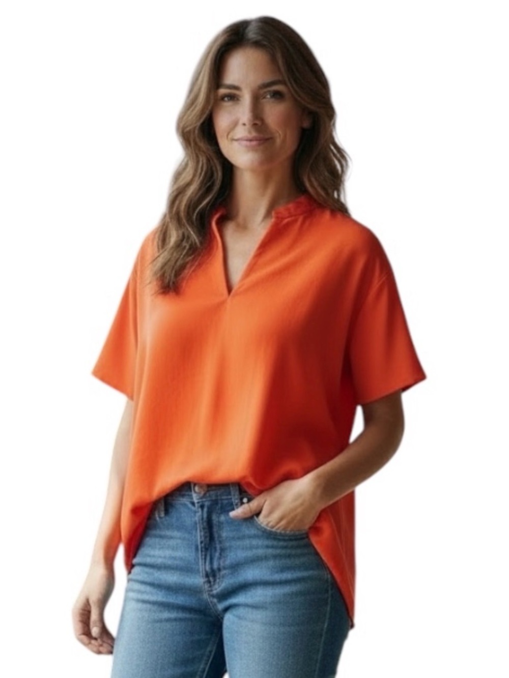 Calvin Klein Mandarin Split-Neck Top in Rich Orange